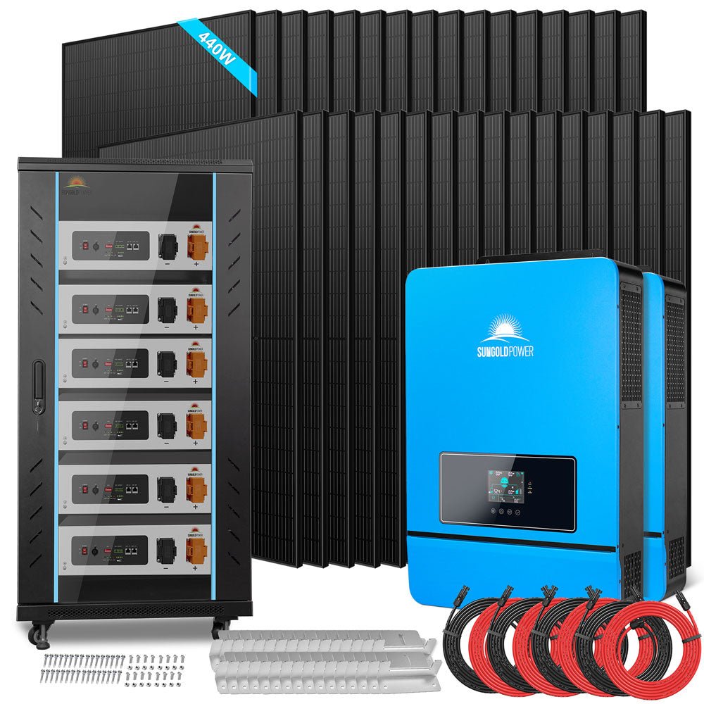 OFF GRID SOLAR KIT 20KW 48VDC 120V/240V LIFEPO4 30.72KWH-32.14KWH LITHIUM BATTERY 32 X 450 WATTS SOLAR PANELS SGR-20K30E