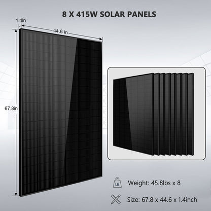 Off-Grid Solar Kit 8000W 48VDC 120V/240V LifePo4 10.24KWH-16.07KWH Lithium Battery 8 X 415 Watts Solar Panels SGR-8K10E
