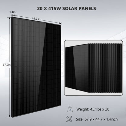 Off-Grid Solar Kits 12kW/15kW/18kW Options 120V/240V with 48v LiFePO4 Lithium Batteries & 415w Solar Panels SGR-18K20E