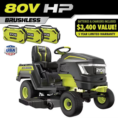 80V HP Brushless 42 In. Battery Electric Cordless Riding Lawn Tractor with (3) 80V 10Ah Batteries and Charger