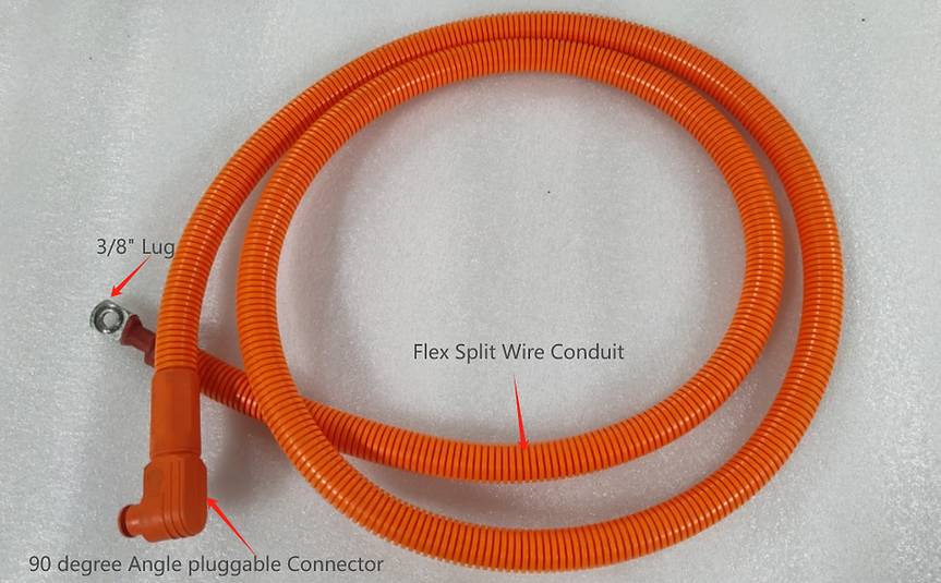 Lithi2-16 battery 1/0 AWG cables - 3/8" Lug +  90 degree angle pluggable connector |  Orange+ Black, 200cm