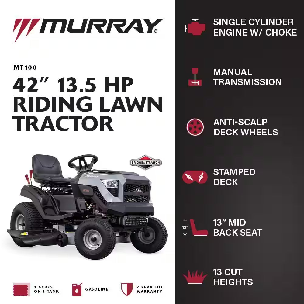 MT100 42 In. 13.5 HP 500Cc E1350 Series Briggs and Stratton Engine 6-Speed Manual Gas Riding Lawn Tractor Mower