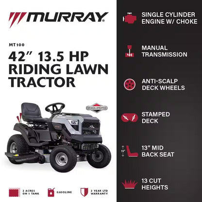 MT100 42 In. 13.5 HP 500Cc E1350 Series Briggs and Stratton Engine 6-Speed Manual Gas Riding Lawn Tractor Mower