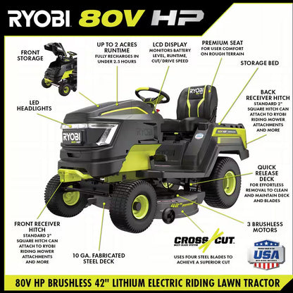 80V HP Brushless 42 In. Battery Electric Cordless Riding Lawn Tractor with (3) 80V 10Ah Batteries and Charger