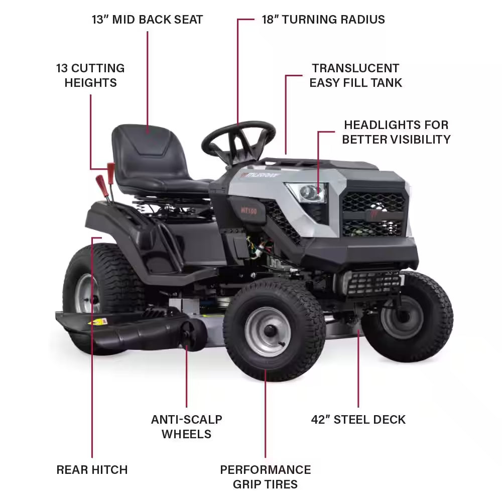 MT100 42 In. 13.5 HP 500Cc E1350 Series Briggs and Stratton Engine 6-Speed Manual Gas Riding Lawn Tractor Mower